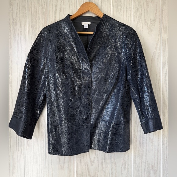 Chico's Sz 1/S Leather & Synthetic Black Faux Snakeskin Jacket Snap Closure NWOT - Picture 1 of 4